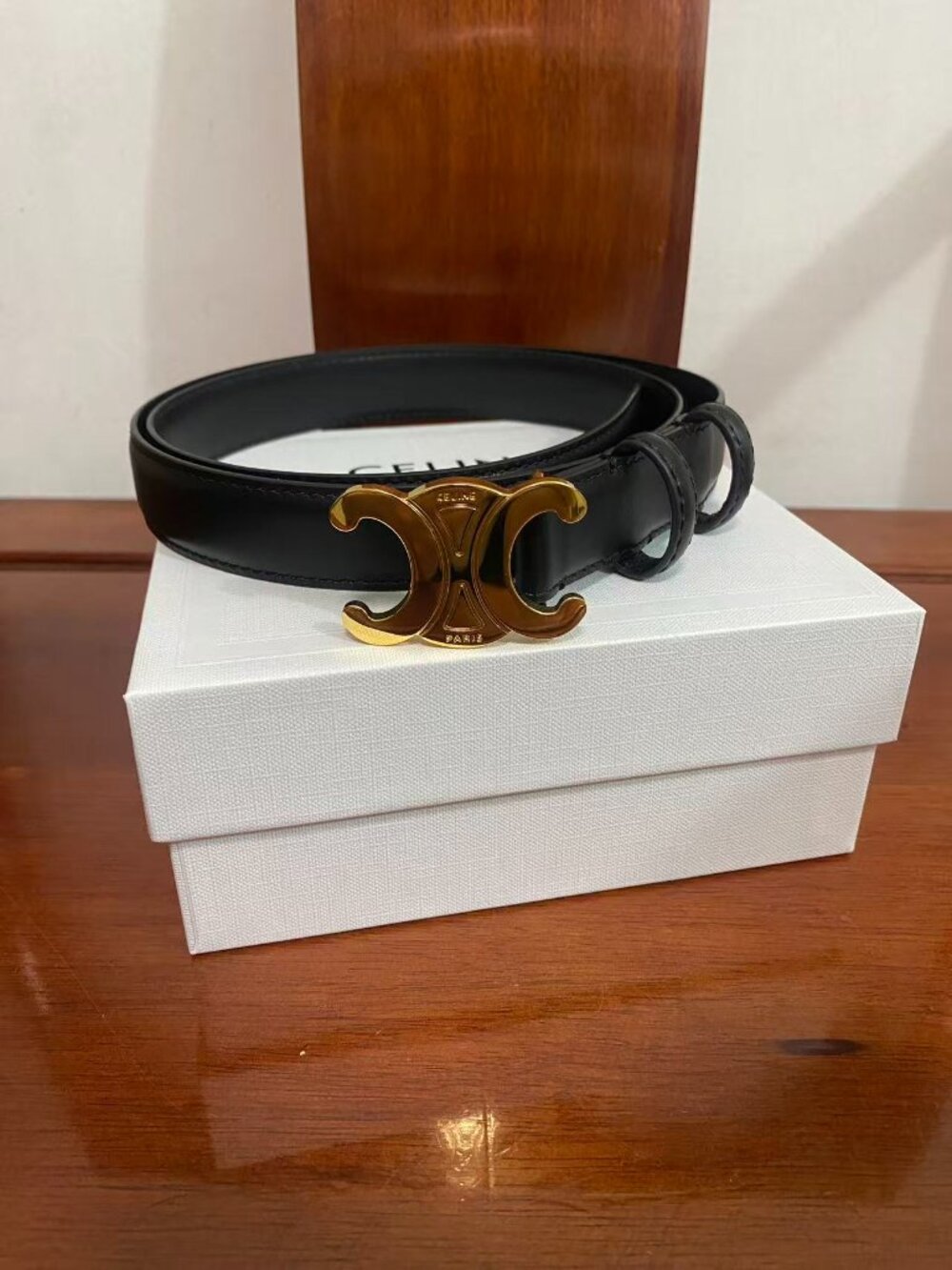 Celine Black Leather Triomphe Belt Gold Buckle Size 85cm